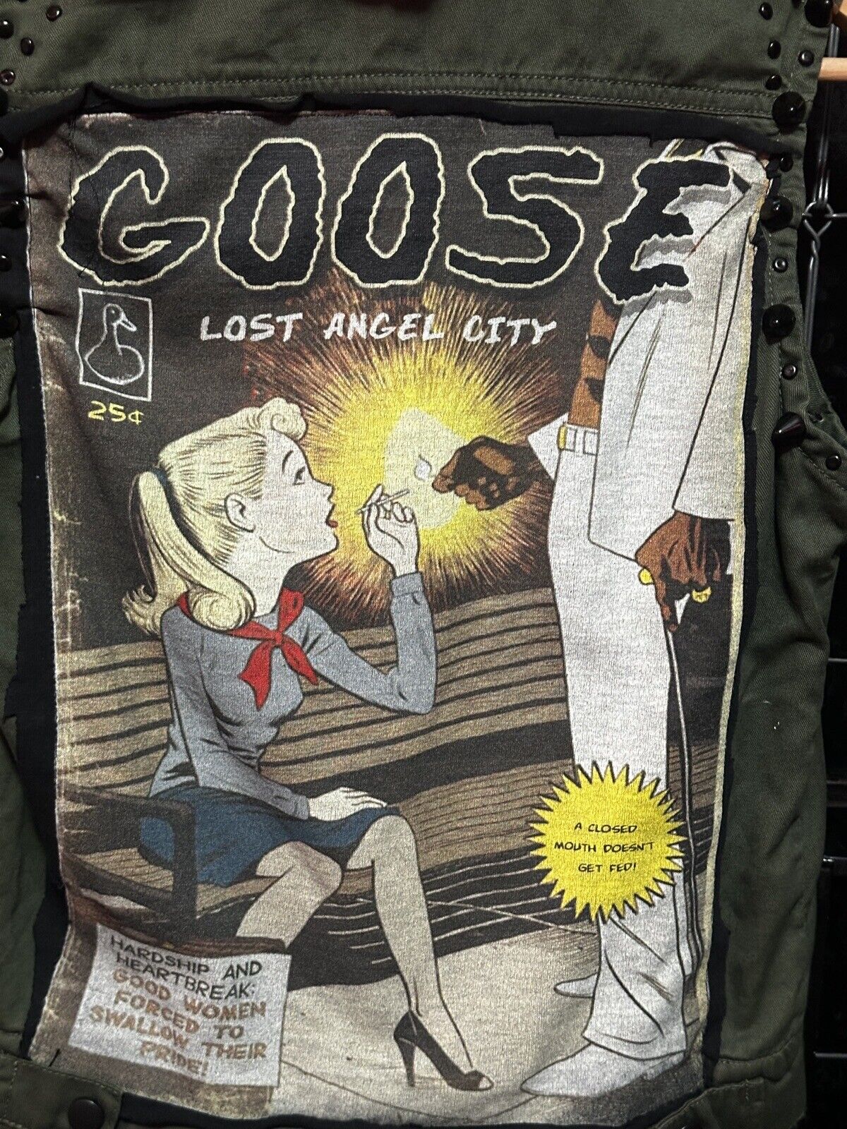 RARE Army Green & Black Studded Punk Rock Vest w/ Goo5e Lost Angel City Artwork