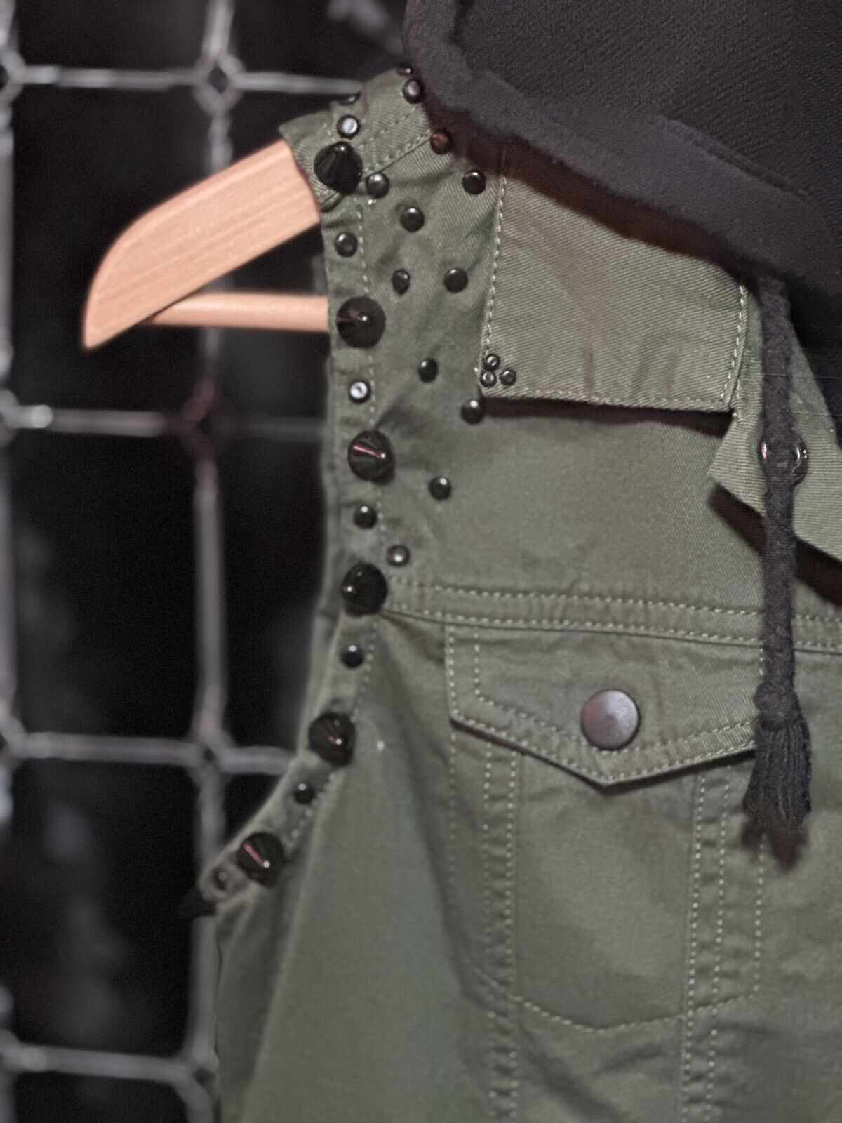 RARE Army Green & Black Studded Punk Rock Vest w/ Goo5e Lost Angel City Artwork