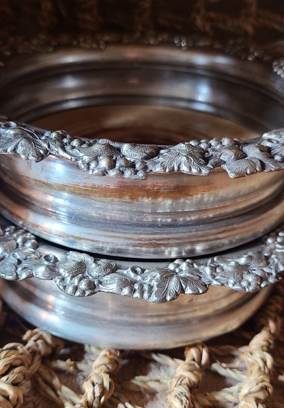 Antique Victorian Silver Plate Wine Bottle Coaster Trivet Pair With Grapevines