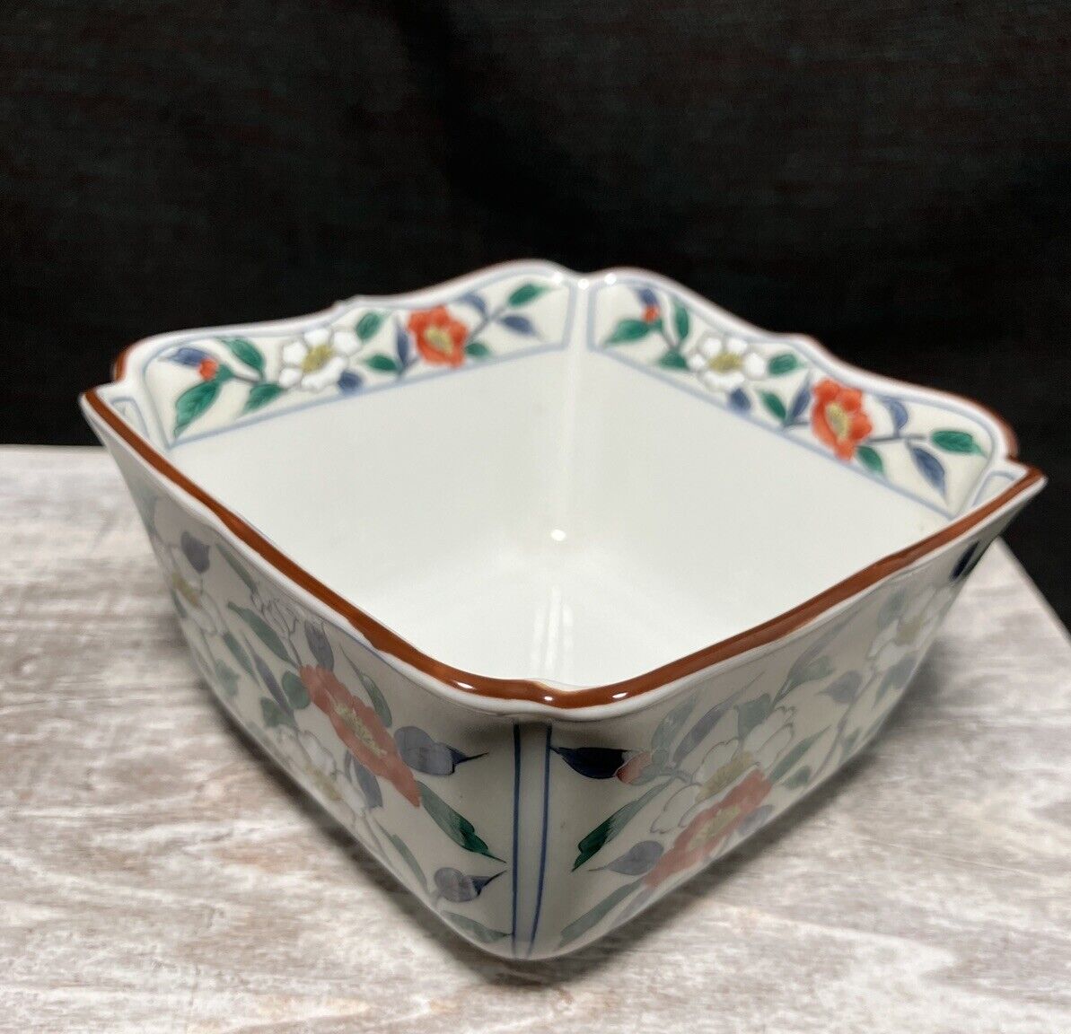 Chinese Porcelain Stamped Floral Square Rice Bowl Camellias
