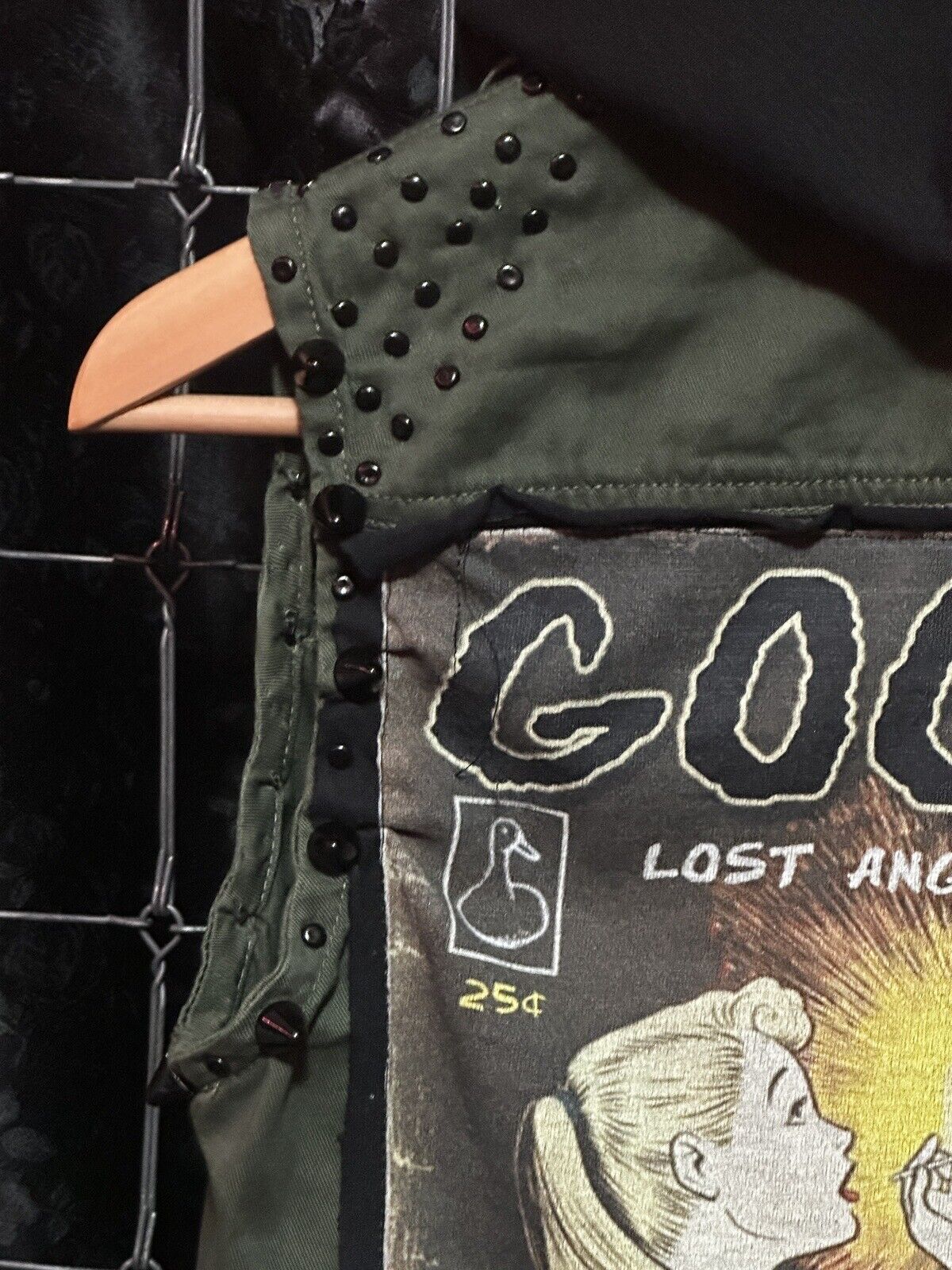 RARE Army Green & Black Studded Punk Rock Vest w/ Goo5e Lost Angel City Artwork
