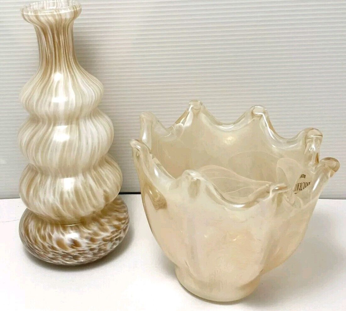 Vintage Murano Hand Made In Italy White Cristal Glass Bowl Decanter Vase