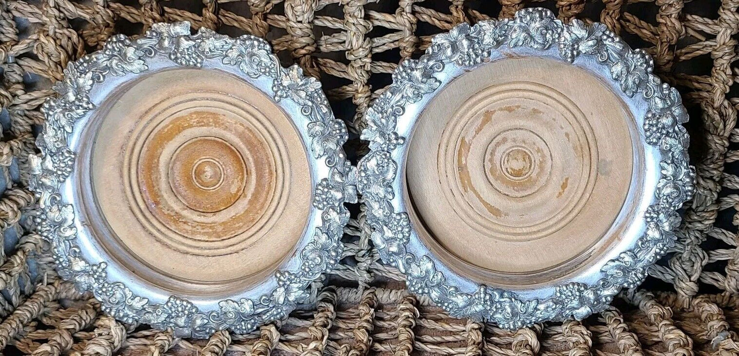 Antique Victorian Silver Plate Wine Bottle Coaster Trivet Pair With Grapevines