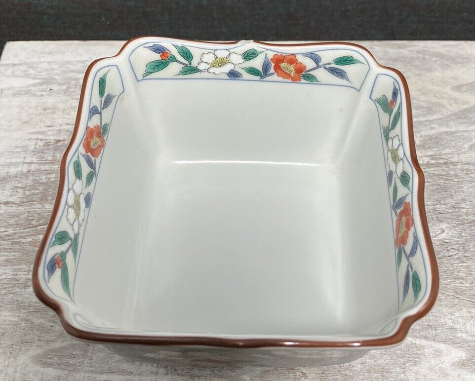 Chinese Porcelain Stamped Floral Square Rice Bowl Camellias