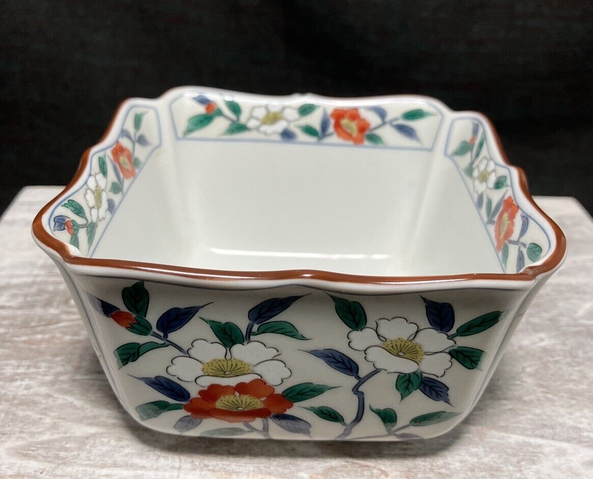 Chinese Porcelain Stamped Floral Square Rice Bowl Camellias
