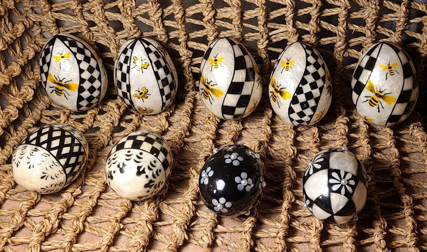 MacKenzie Childs QUEEN BEE Capiz Eggs Courtly Checks Black White & Floral Lot