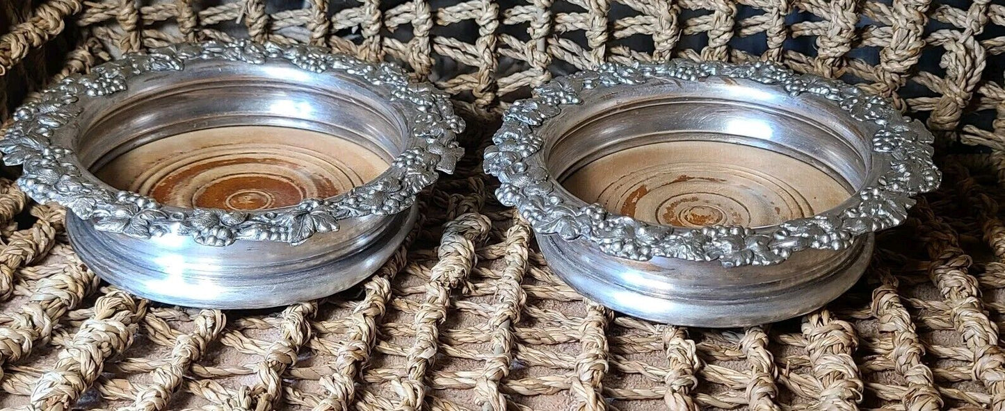 Antique Victorian Silver Plate Wine Bottle Coaster Trivet Pair With Grapevines