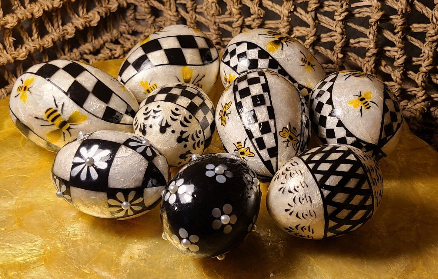 MacKenzie Childs QUEEN BEE Capiz Eggs Courtly Checks Black White & Floral Lot