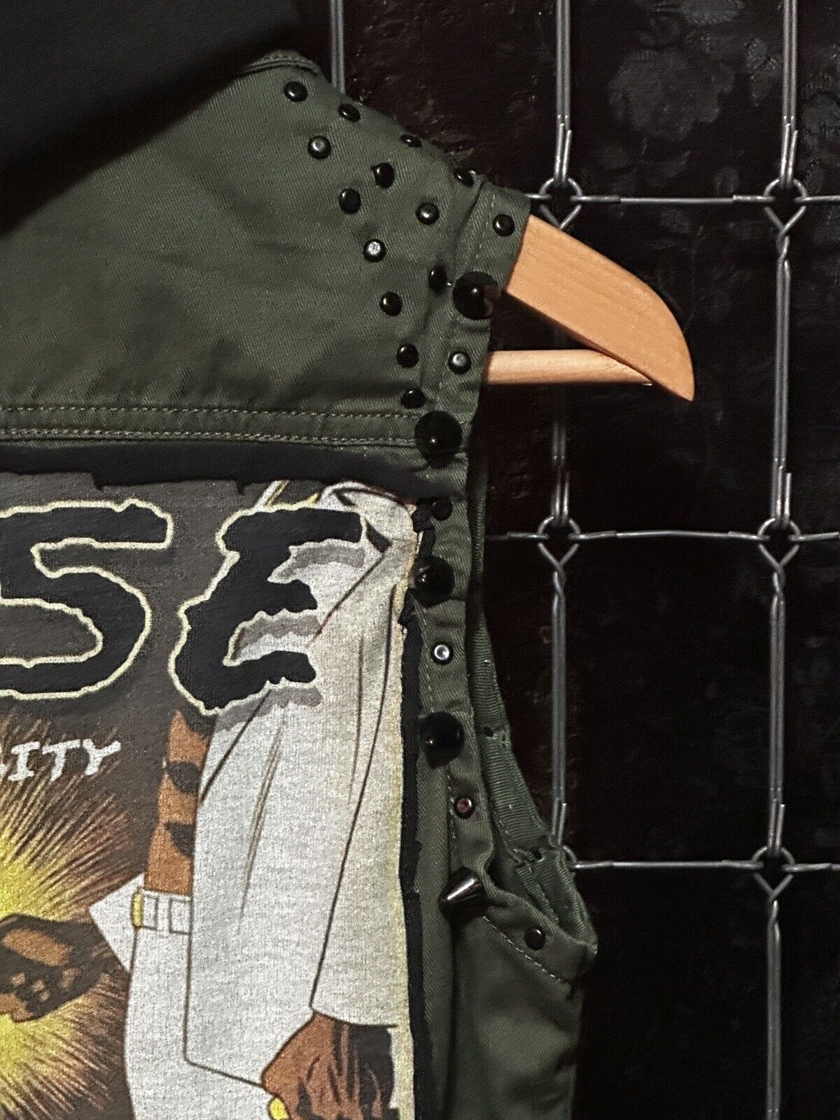RARE Army Green & Black Studded Punk Rock Vest w/ Goo5e Lost Angel City Artwork