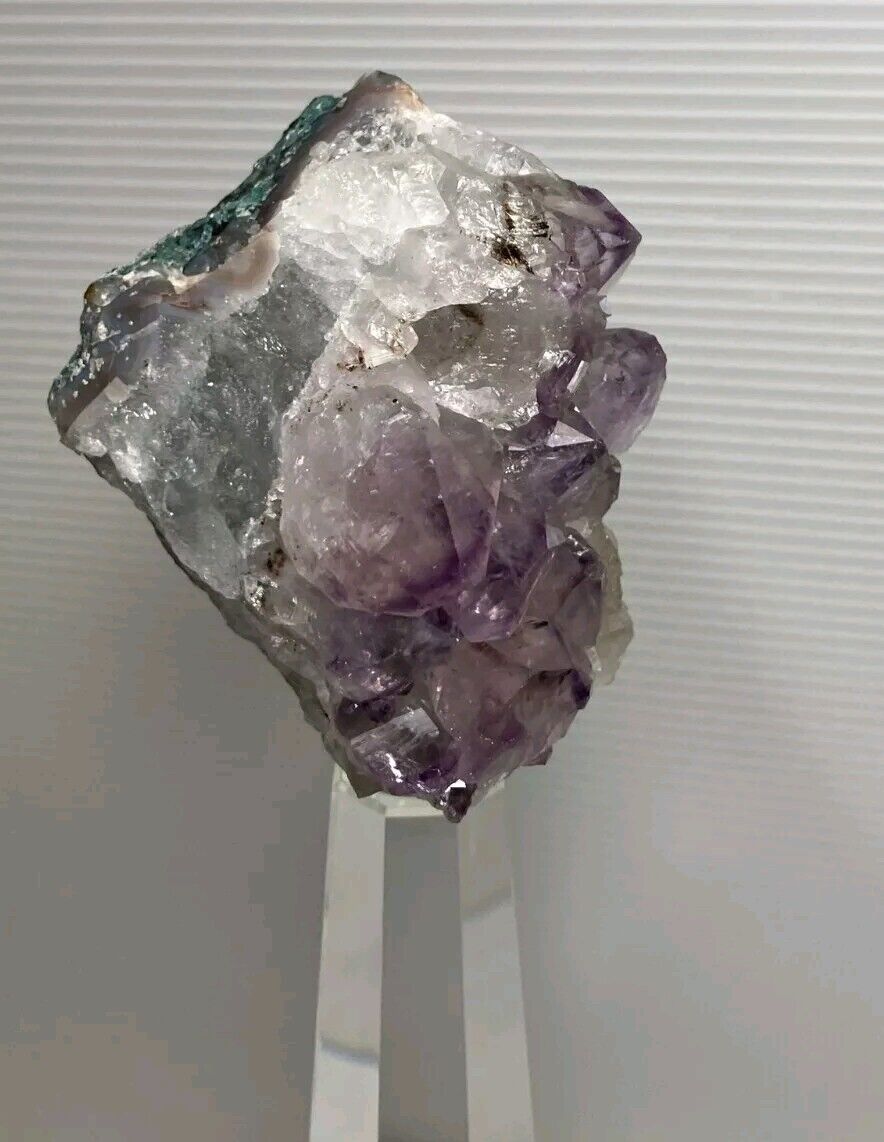 Amethyst Gem Crystal Cluster Clear Glass Display Stand 12 Tall Beautiful