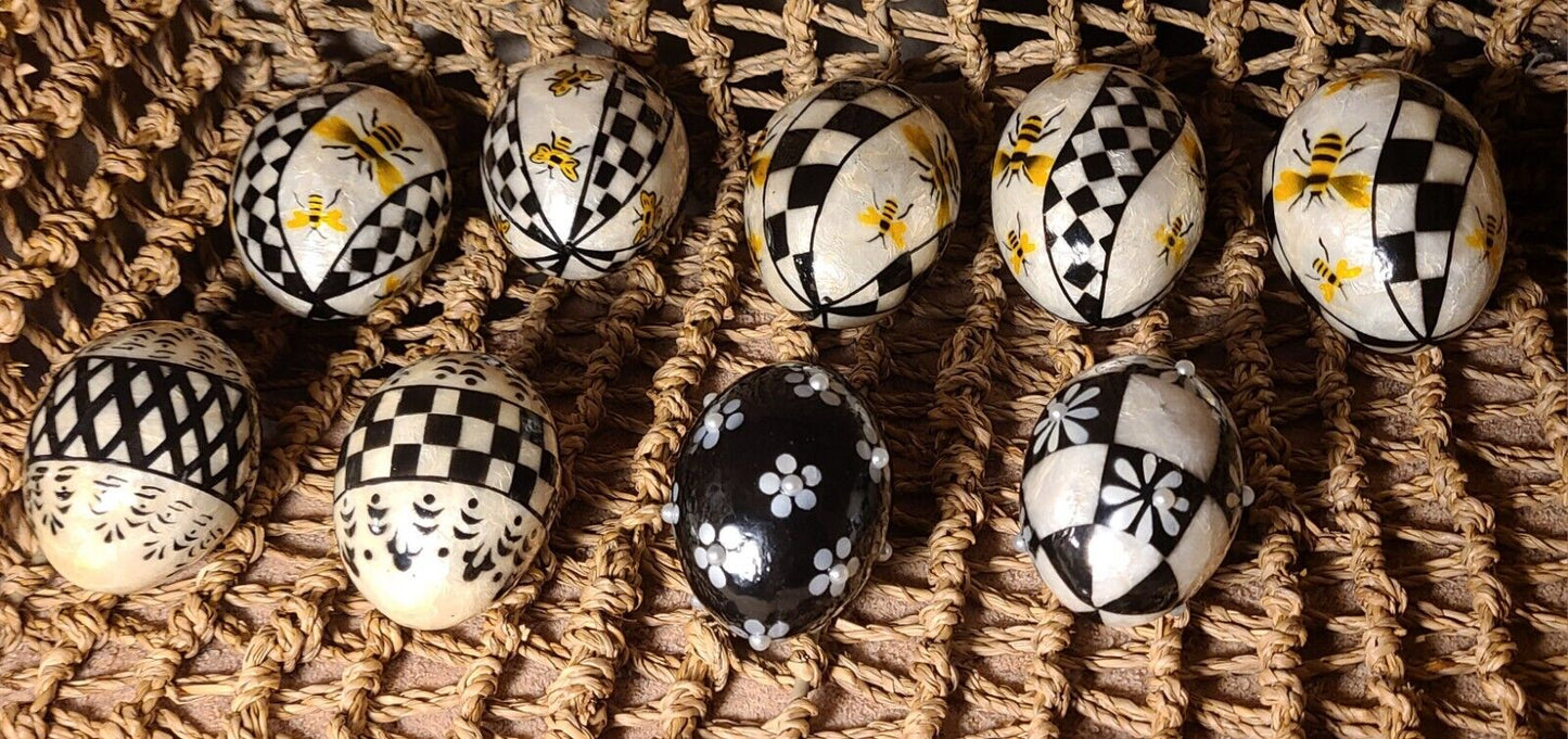 MacKenzie Childs QUEEN BEE Capiz Eggs Courtly Checks Black White & Floral Lot