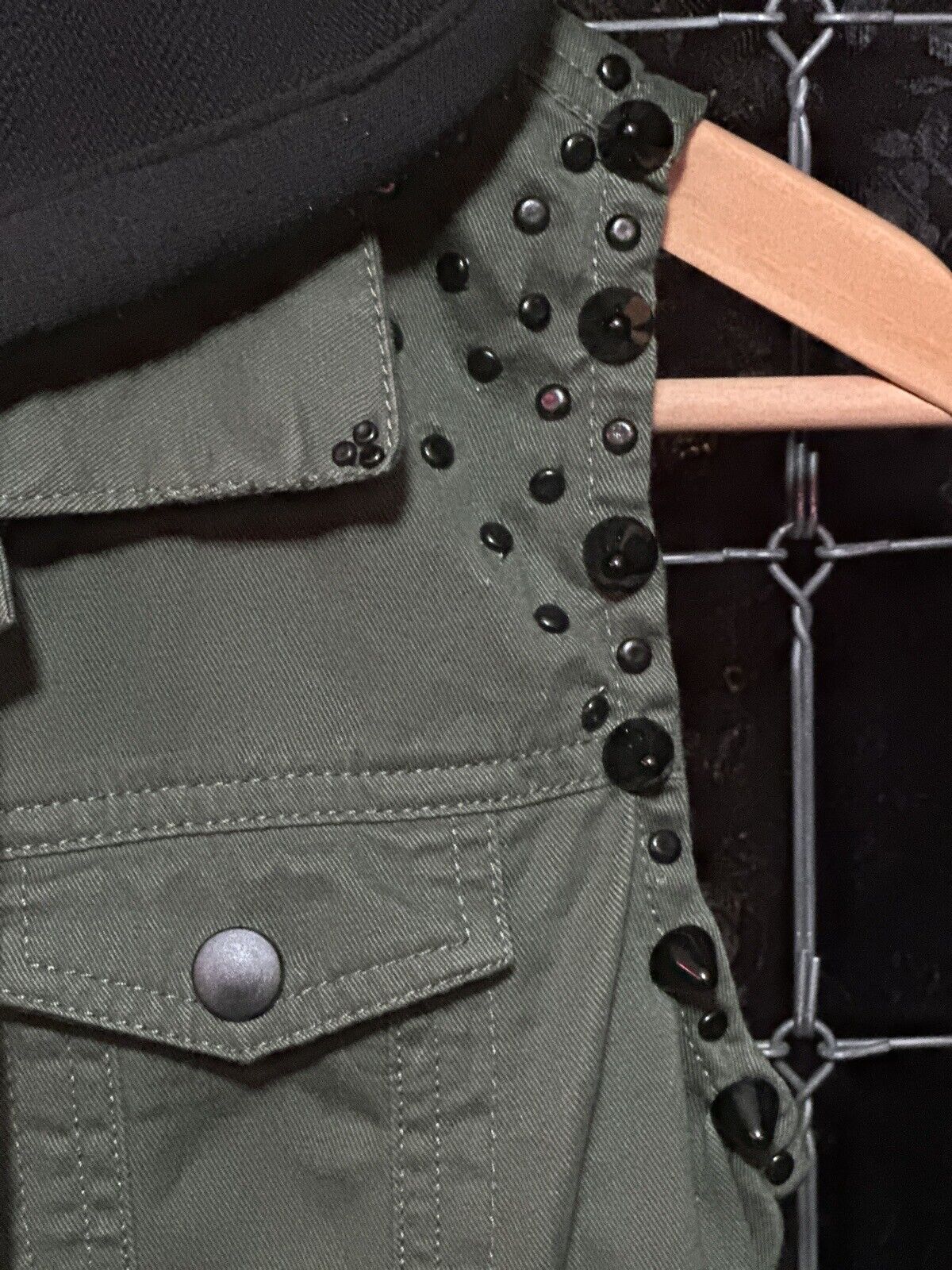 RARE Army Green & Black Studded Punk Rock Vest w/ Goo5e Lost Angel City Artwork