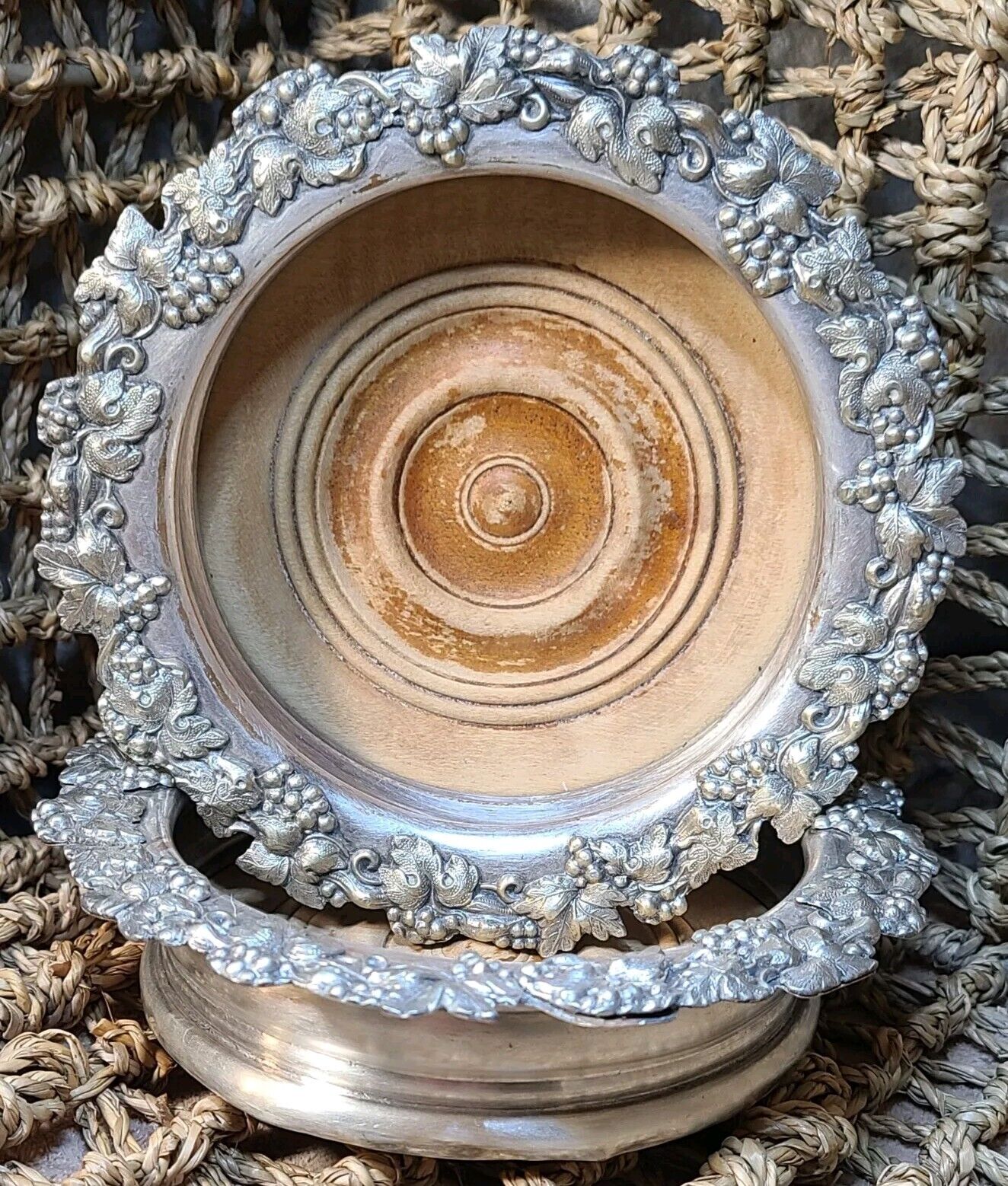 Antique Victorian Silver Plate Wine Bottle Coaster Trivet Pair With Grapevines