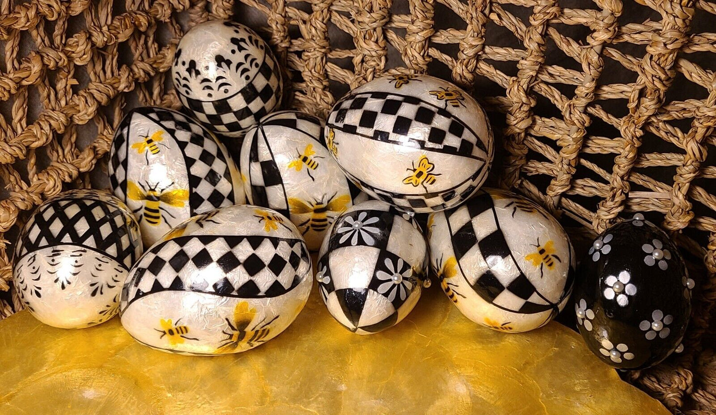 MacKenzie Childs QUEEN BEE Capiz Eggs Courtly Checks Black White & Floral Lot