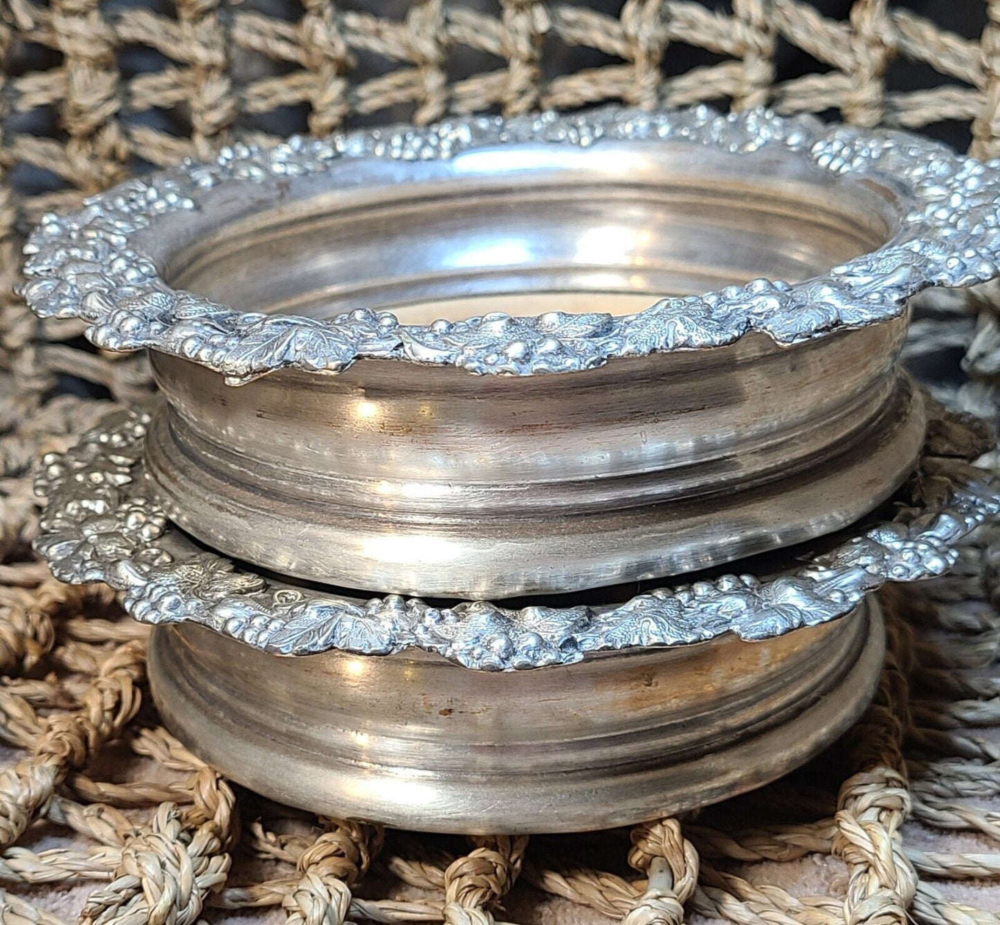 Antique Victorian Silver Plate Wine Bottle Coaster Trivet Pair With Grapevines