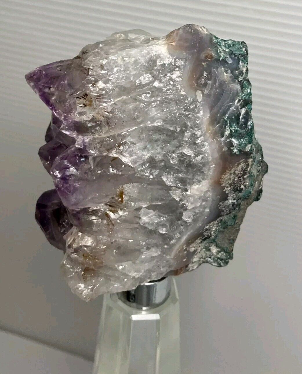 Amethyst Gem Crystal Cluster Clear Glass Display Stand 12 Tall Beautiful