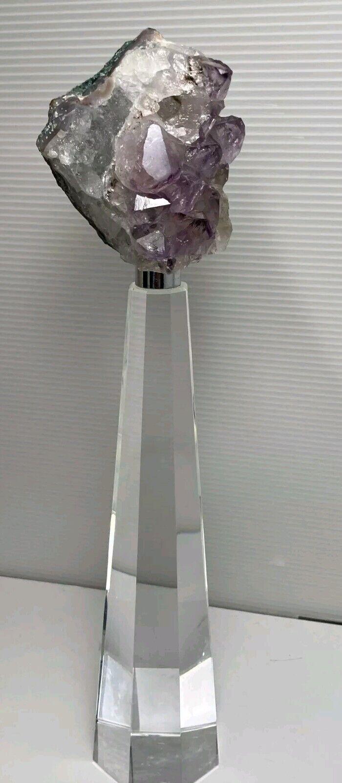 Amethyst Gem Crystal Cluster Clear Glass Display Stand 12 Tall Beautiful