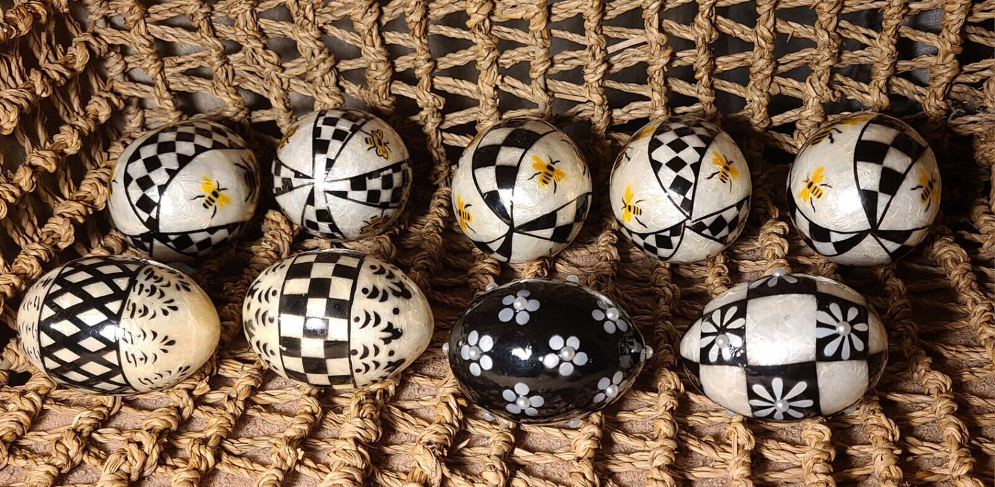 MacKenzie Childs QUEEN BEE Capiz Eggs Courtly Checks Black White & Floral Lot