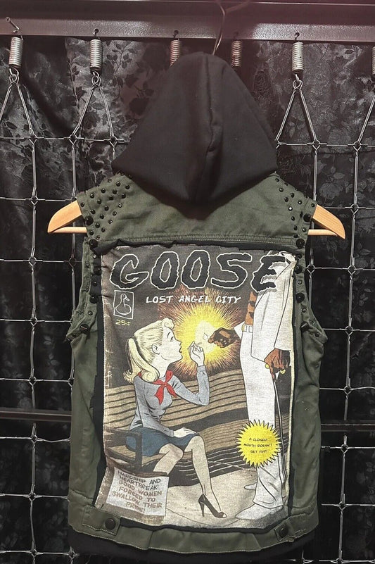 RARE Army Green & Black Studded Punk Rock Vest w/ Goo5e Lost Angel City Artwork
