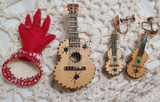 Vintage Wooden Guitar Earrings  Pin Set  Red Felt Glove Pin Costume Jewelry