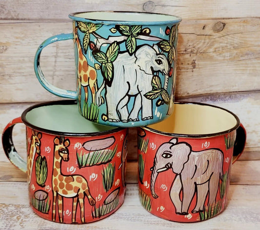 Handpainted Folkart African American Animal Theme 4" Tin Cup Signed By Artist
