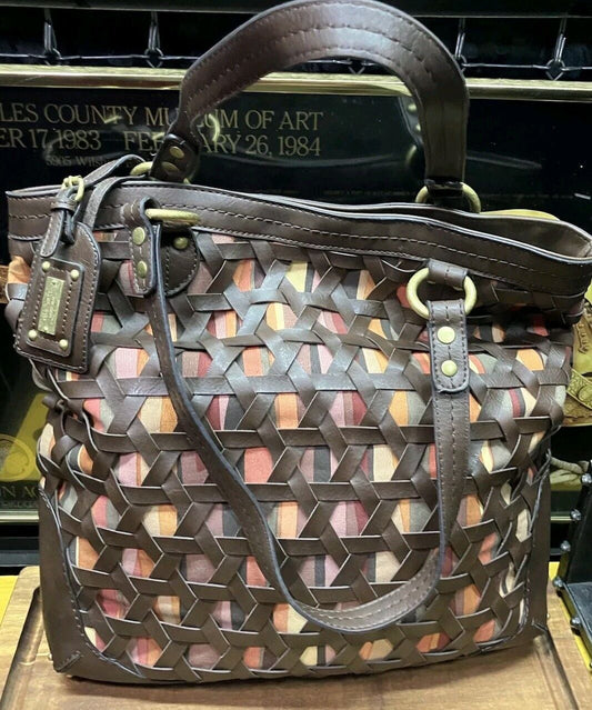 NINE WEST Bohemain Style Brown Leather Multi Colored Basket Weave Style Tote Bag