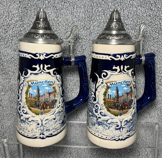 German Stoneware Beer Stein Mug GruB aus München 0.5L Vintage Domex Germany Pair