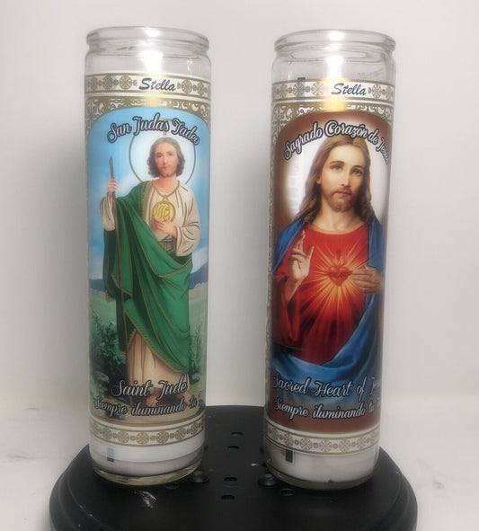 Saint Jude Lord's Prayer Candle Unscented 2"x 8" Tall Prayer Container Set of 2
