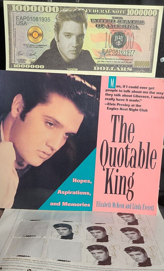 Elvis Memorabilia Lot Collectible Million Dollar Bill Postage Stamps Paperback