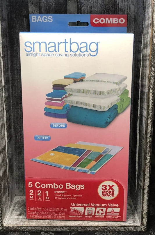 SmartBag 5 Combo Vacuum Seal Bags Space Saver Value Pack Reusable Travel Storage