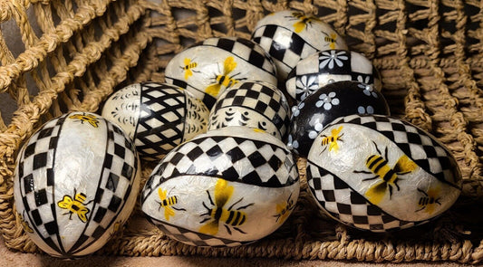 MacKenzie Childs QUEEN BEE Capiz Eggs Courtly Checks Black White & Floral Lot