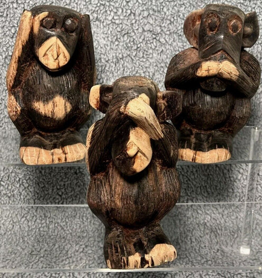 Vintage Hand Carved Wooden Three Wise Monkeys Speak, Hear, See No Evil 4"x 5.25"