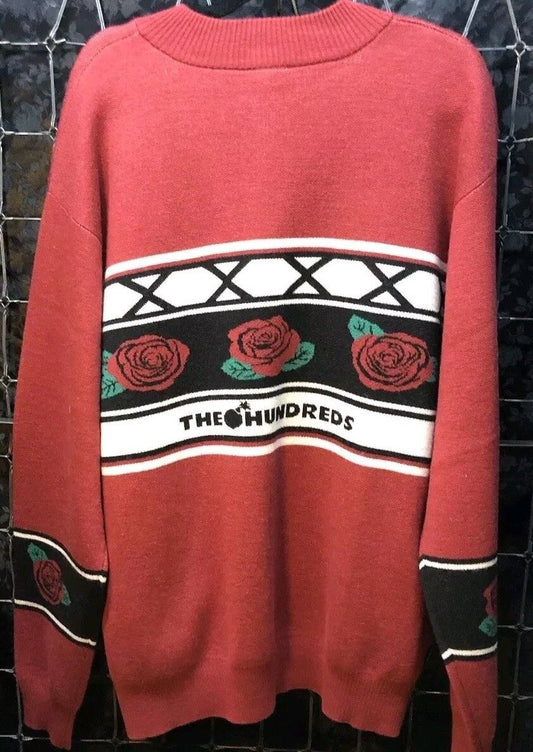 The HUNDREDS Dena Sweater Red Burgundy Black Roses Jacquard Logo Knit XL NWT