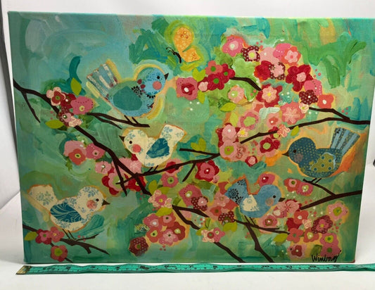 Oopsy Daisy Cherry Blossom Birdies Turquoise Canvas Wall Art 14x10"