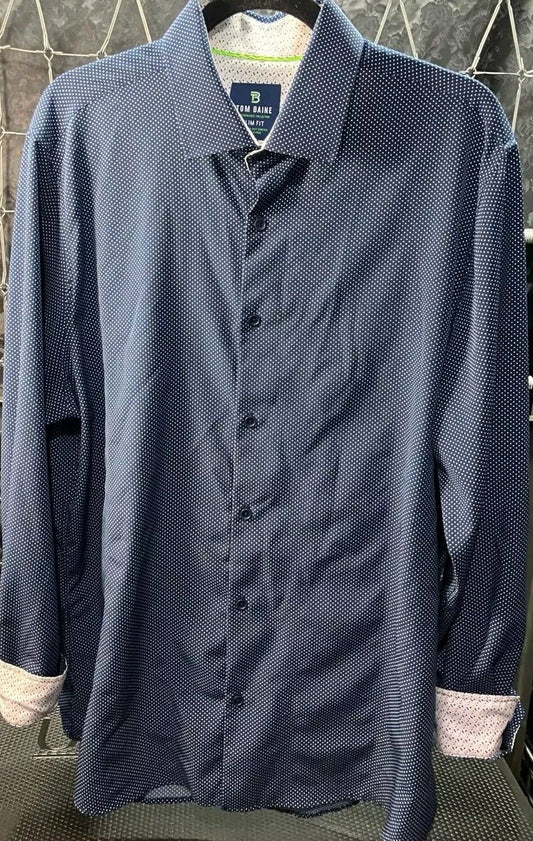 Tom Baine Shirt Slim Fit XXL Performance Collection Men's Blue Print Button-Up