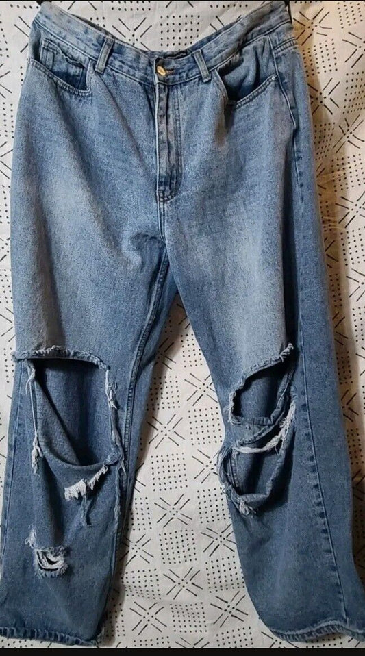 Pretty Little Thing Baggy Wide Leg Relaxed Distressed Ripped Jeans Size 10