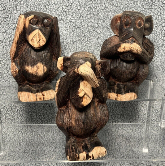 Vintage Hand Carved Wooden Three Wise Monkeys Speak, Hear, See No Evil 4"x 5.25"