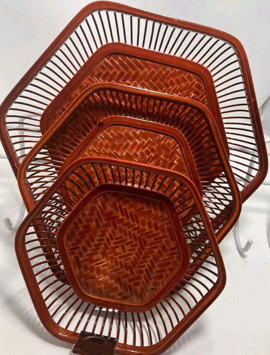 Vintage Laquered Bamboo Baskets Handwoven Set of 3 Nesting Fruits Trinkets Trays